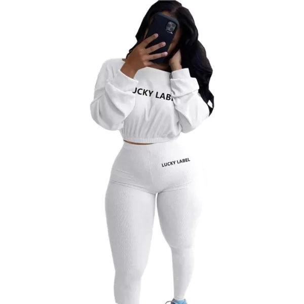 IyMoo Women 2 Piece Outfits Sweatsuit Set  Long Sleeve Ribbed Crop Top  Skinny Long Pants Tracksuit Jogger SetWhite Letter