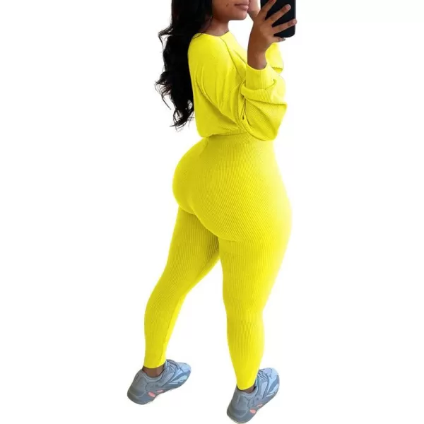 IyMoo Women 2 Piece Outfits Sweatsuit Set  Long Sleeve Ribbed Crop Top  Skinny Long Pants Tracksuit Jogger SetYellow