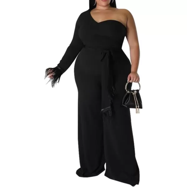 IyMoo Women One Shoulder Plus Size Jumpsuit Sexy Long Sleeve Fringed Irregular Wide Leg Pants RompersBlack