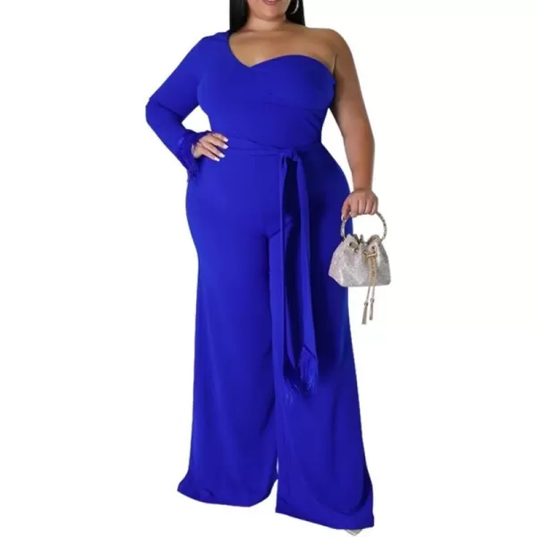 IyMoo Women One Shoulder Plus Size Jumpsuit Sexy Long Sleeve Fringed Irregular Wide Leg Pants RompersBlue