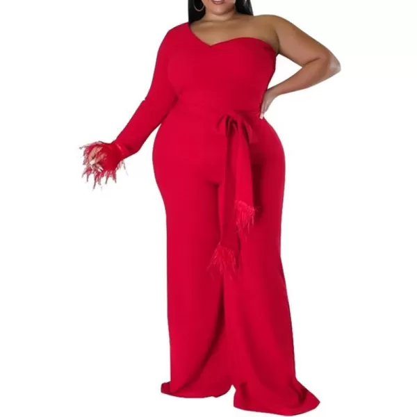 IyMoo Women One Shoulder Plus Size Jumpsuit Sexy Long Sleeve Fringed Irregular Wide Leg Pants RompersRed