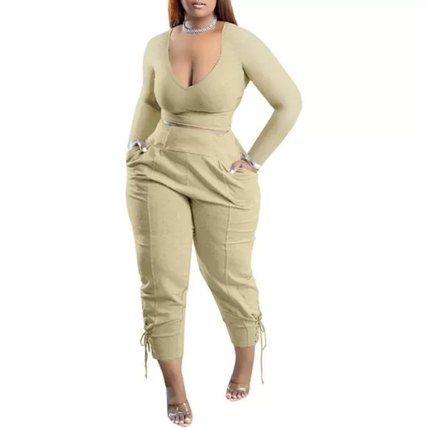 IyMoo Women Plus Size 2 Piece Sweatsuit Outfits Long Sleeve V Neck Crop Top  High Waisted Leggings Jogger SetApricot