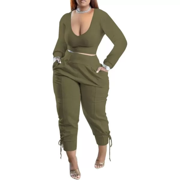 IyMoo Women Plus Size 2 Piece Sweatsuit Outfits Long Sleeve V Neck Crop Top  High Waisted Leggings Jogger SetArmy Green