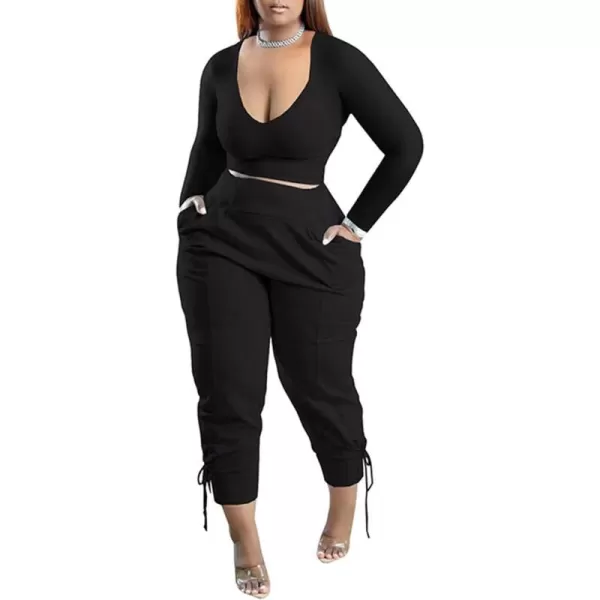 IyMoo Women Plus Size 2 Piece Sweatsuit Outfits Long Sleeve V Neck Crop Top  High Waisted Leggings Jogger SetBlack