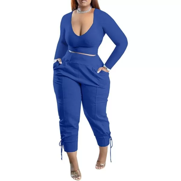IyMoo Women Plus Size 2 Piece Sweatsuit Outfits Long Sleeve V Neck Crop Top  High Waisted Leggings Jogger SetBlue
