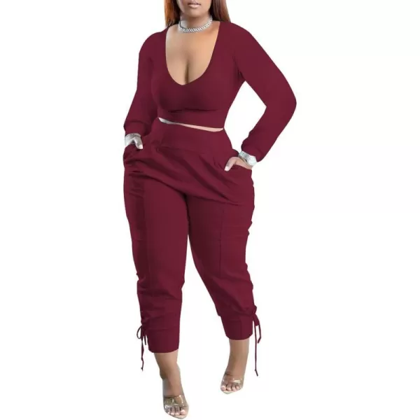 IyMoo Women Plus Size 2 Piece Sweatsuit Outfits Long Sleeve V Neck Crop Top  High Waisted Leggings Jogger SetBurgundy