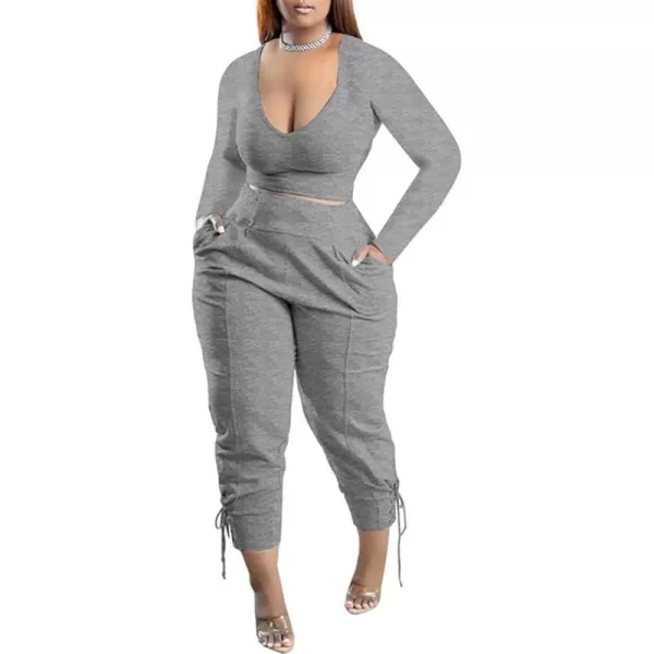 IyMoo Women Plus Size 2 Piece Sweatsuit Outfits Long Sleeve V Neck Crop Top  High Waisted Leggings Jogger SetGray