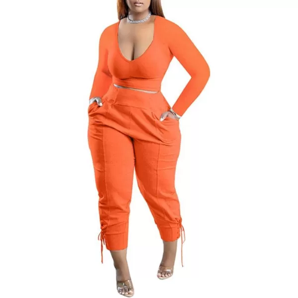 IyMoo Women Plus Size 2 Piece Sweatsuit Outfits Long Sleeve V Neck Crop Top  High Waisted Leggings Jogger SetOrange