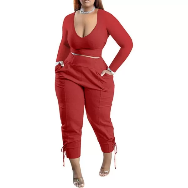 IyMoo Women Plus Size 2 Piece Sweatsuit Outfits Long Sleeve V Neck Crop Top  High Waisted Leggings Jogger SetRed