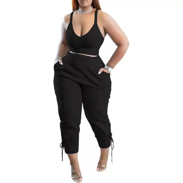 IyMoo Women Plus Size 2 Piece Sweatsuit Outfits Long Sleeve V Neck Crop Top  High Waisted Leggings Jogger SetSleeveless Black