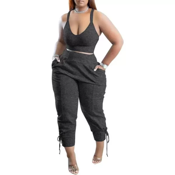 IyMoo Women Plus Size 2 Piece Sweatsuit Outfits Long Sleeve V Neck Crop Top  High Waisted Leggings Jogger SetSleeveless Charcoal
