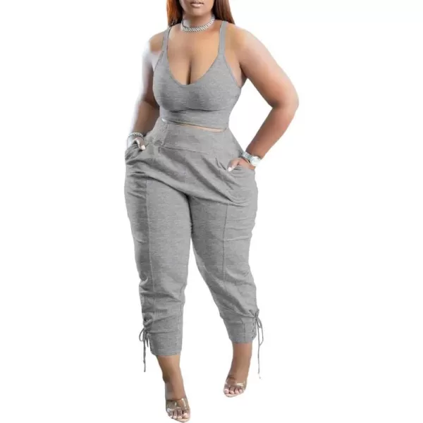 IyMoo Women Plus Size 2 Piece Sweatsuit Outfits Long Sleeve V Neck Crop Top  High Waisted Leggings Jogger SetSleeveless Gray