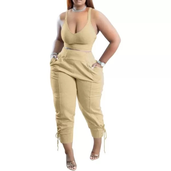 IyMoo Women Plus Size 2 Piece Sweatsuit Outfits Long Sleeve V Neck Crop Top  High Waisted Leggings Jogger SetSleeveless Khaki