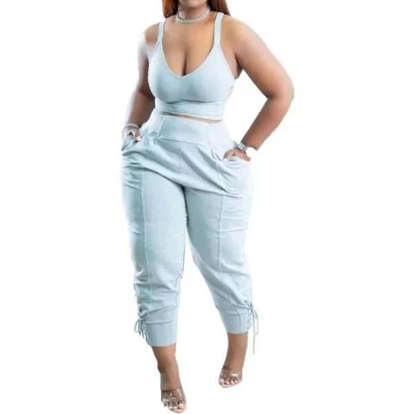 IyMoo Women Plus Size 2 Piece Sweatsuit Outfits Long Sleeve V Neck Crop Top  High Waisted Leggings Jogger SetSleeveless Sky Blue