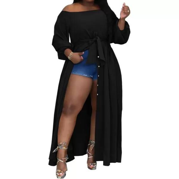 IyMoo Women Plus Size High Low Tops Long Sleeve Off The Shoulder Wrap Bodycon Tops Blouse Shirt DressBlack