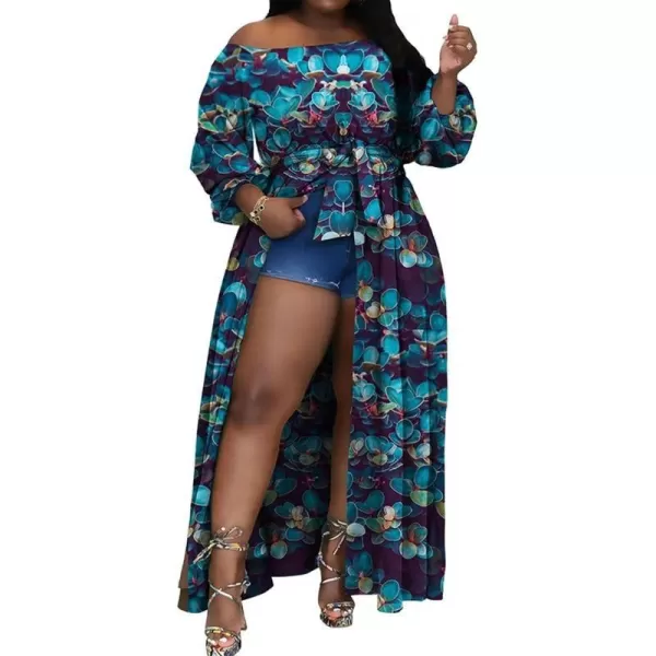 IyMoo Women Plus Size High Low Tops Long Sleeve Off The Shoulder Wrap Bodycon Tops Blouse Shirt DressFloral