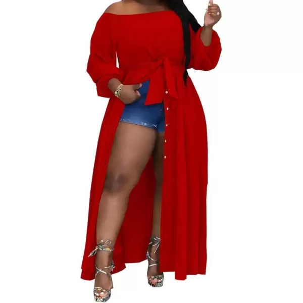 IyMoo Women Plus Size High Low Tops Long Sleeve Off The Shoulder Wrap Bodycon Tops Blouse Shirt DressRed