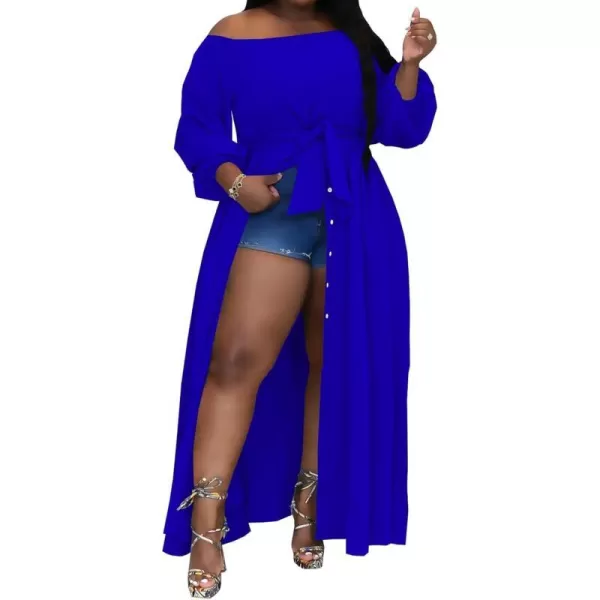 IyMoo Women Plus Size High Low Tops Long Sleeve Off The Shoulder Wrap Bodycon Tops Blouse Shirt DressRoyal Blue