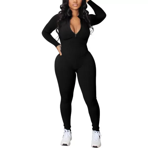 IyMoo Women Sexy Bodycon Jumpsuit Long Sleeve Ribbed Zipper V Neck Stretchy Rompers Workout SetBlack