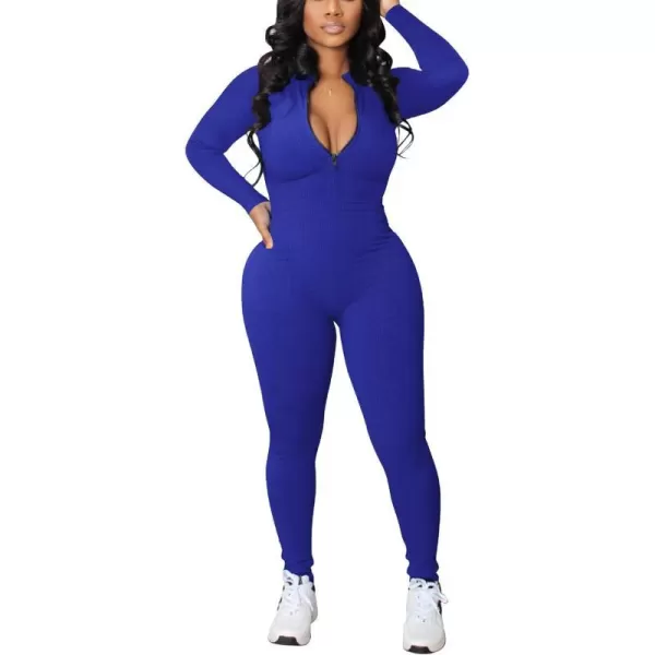 IyMoo Women Sexy Bodycon Jumpsuit Long Sleeve Ribbed Zipper V Neck Stretchy Rompers Workout SetBlue