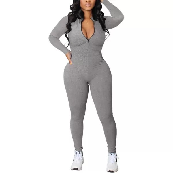 IyMoo Women Sexy Bodycon Jumpsuit Long Sleeve Ribbed Zipper V Neck Stretchy Rompers Workout SetDark Gray