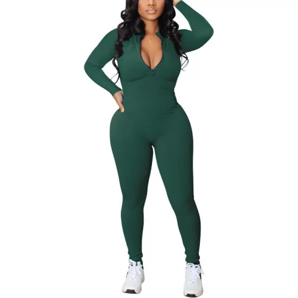 IyMoo Women Sexy Bodycon Jumpsuit Long Sleeve Ribbed Zipper V Neck Stretchy Rompers Workout SetGreen