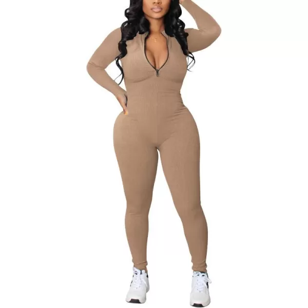 IyMoo Women Sexy Bodycon Jumpsuit Long Sleeve Ribbed Zipper V Neck Stretchy Rompers Workout SetKhaki