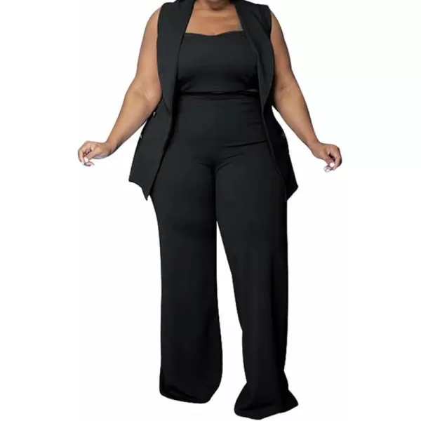 IyMoo Women Sexy Plus Size 3 Piece Outfits  Sleeveless BlazerTank Crop Top and Wide Leg Pants Set JumpsuitsBlack