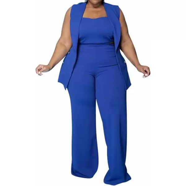 IyMoo Women Sexy Plus Size 3 Piece Outfits  Sleeveless BlazerTank Crop Top and Wide Leg Pants Set JumpsuitsBlue
