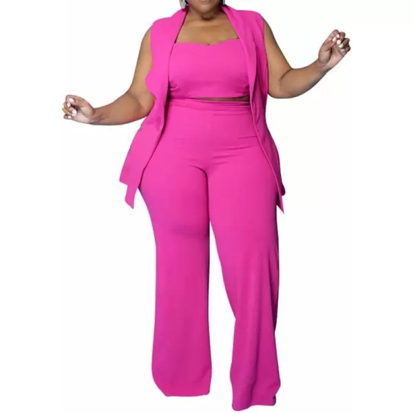 IyMoo Women Sexy Plus Size 3 Piece Outfits  Sleeveless BlazerTank Crop Top and Wide Leg Pants Set JumpsuitsRose Red