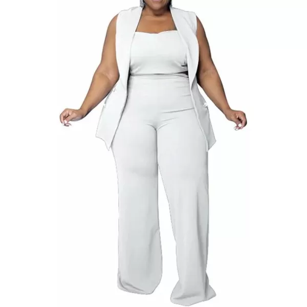 IyMoo Women Sexy Plus Size 3 Piece Outfits  Sleeveless BlazerTank Crop Top and Wide Leg Pants Set JumpsuitsWhite