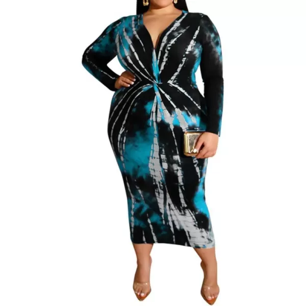 IyMoo Women Sexy Plus Size Dress  Club Outfits Floral Print V Neck Long Sleeve Tie Dye Party Bodycon DressBlue
