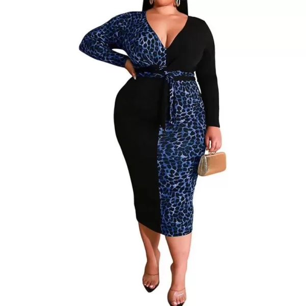 IyMoo Women Sexy Plus Size Dress  Club Outfits Floral Print V Neck Long Sleeve Tie Dye Party Bodycon DressLeopard Blue