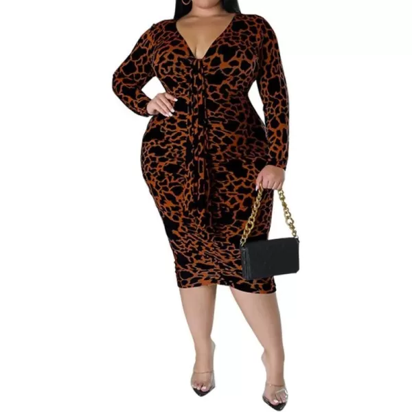 IyMoo Women Sexy Plus Size Dress  Club Outfits Floral Print V Neck Long Sleeve Tie Dye Party Bodycon DressLeopard Dark Brown