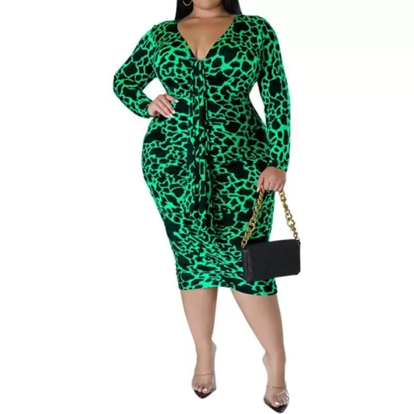 IyMoo Women Sexy Plus Size Dress  Club Outfits Floral Print V Neck Long Sleeve Tie Dye Party Bodycon DressLeopard Green