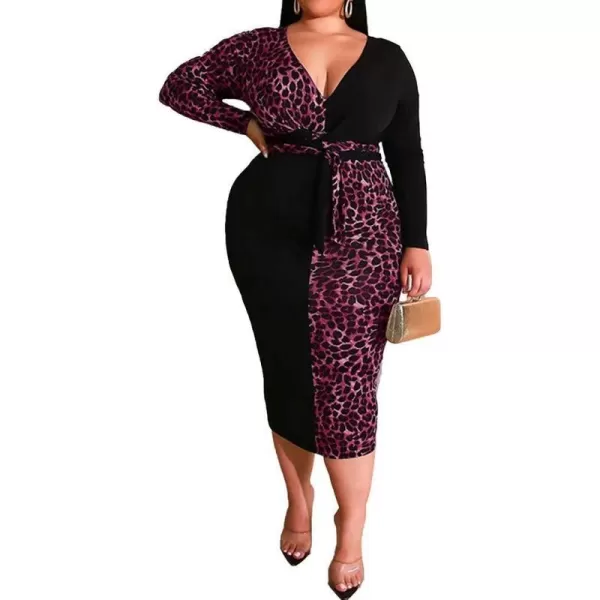IyMoo Women Sexy Plus Size Dress  Club Outfits Floral Print V Neck Long Sleeve Tie Dye Party Bodycon DressLeopard Leopard Red