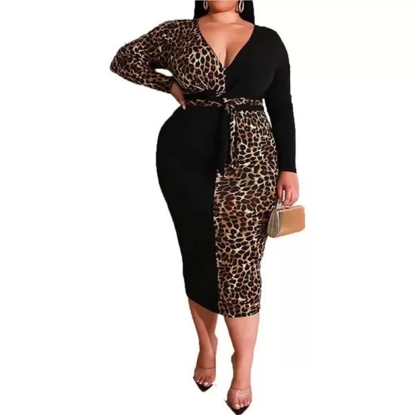 IyMoo Women Sexy Plus Size Dress  Club Outfits Floral Print V Neck Long Sleeve Tie Dye Party Bodycon DressLeopard Leopard Yellow