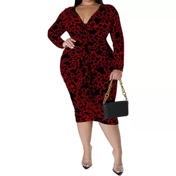 IyMoo Women Sexy Plus Size Dress  Club Outfits Floral Print V Neck Long Sleeve Tie Dye Party Bodycon DressLeopard Red