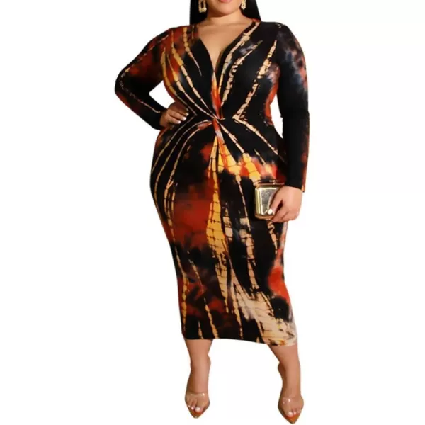 IyMoo Women Sexy Plus Size Dress  Club Outfits Floral Print V Neck Long Sleeve Tie Dye Party Bodycon DressRed