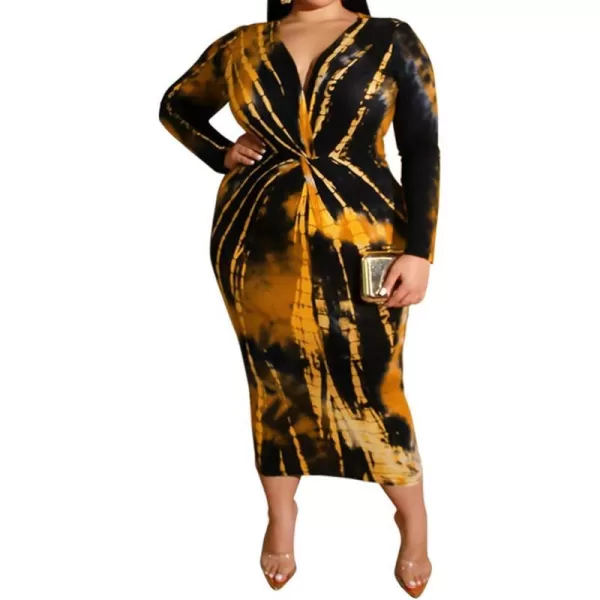 IyMoo Women Sexy Plus Size Dress  Club Outfits Floral Print V Neck Long Sleeve Tie Dye Party Bodycon DressYellow