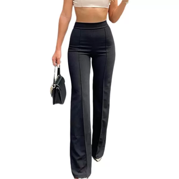 IyMoo Women Stretchy Wide Leg Pants Slacks Casual Back Zipper High Waisted Straight Dress Long Pants WorkBootcut Black