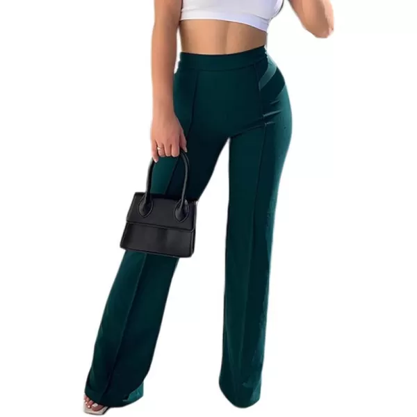 IyMoo Women Stretchy Wide Leg Pants Slacks Casual Back Zipper High Waisted Straight Dress Long Pants WorkBootcut Dark Green