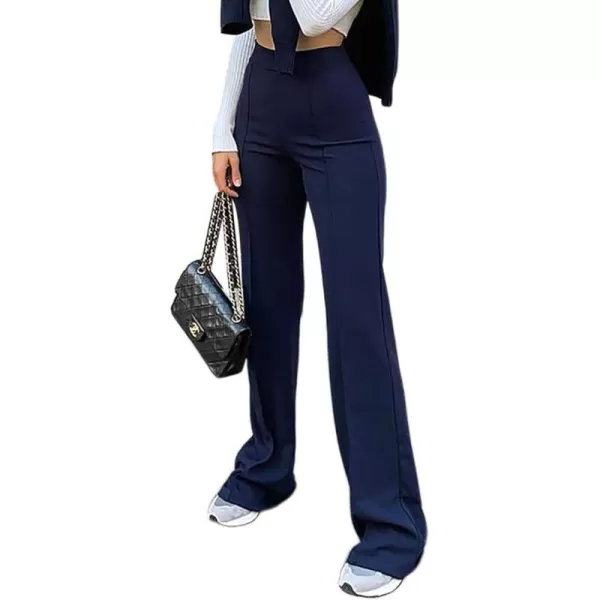 IyMoo Women Stretchy Wide Leg Pants Slacks Casual Back Zipper High Waisted Straight Dress Long Pants WorkBootcut Navy Blue