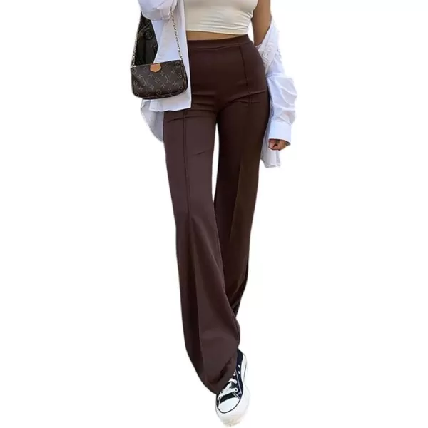IyMoo Women Stretchy Wide Leg Pants Slacks Casual Back Zipper High Waisted Straight Dress Long Pants WorkBrown