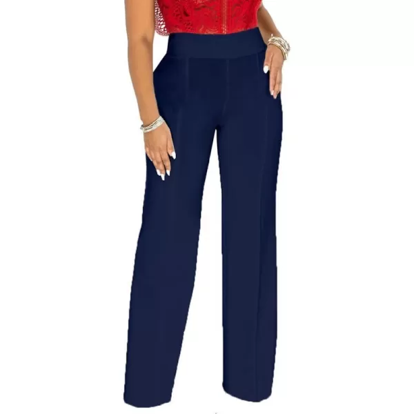 IyMoo Women Stretchy Wide Leg Pants Slacks Casual Back Zipper High Waisted Straight Dress Long Pants WorkNavy