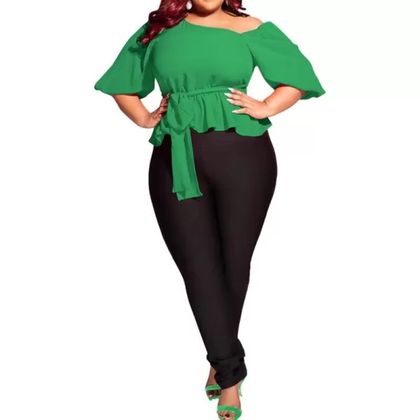 IyMoo Womens Asymmetrical Blouses Casual Peplum Summer Tops Dressy Chiffon Work Blouse with BeltGreen