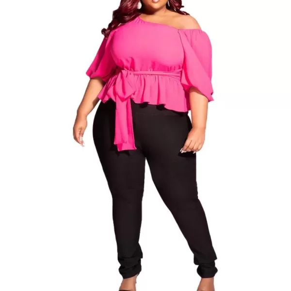 IyMoo Womens Asymmetrical Blouses Casual Peplum Summer Tops Dressy Chiffon Work Blouse with BeltRose Red