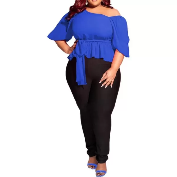 IyMoo Womens Asymmetrical Blouses Casual Peplum Summer Tops Dressy Chiffon Work Blouse with BeltRoyal Blue