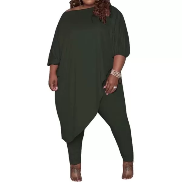 IyMoo Womens Causal Plus Size 2 Piece Outfits Jumpsuits Slant Shoulder Asymmetrica Tops Pant Set Sexy Club RomperArmy Green