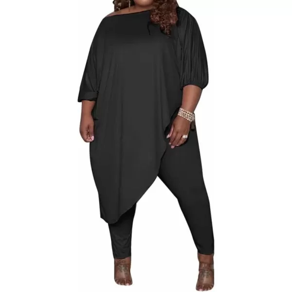 IyMoo Womens Causal Plus Size 2 Piece Outfits Jumpsuits Slant Shoulder Asymmetrica Tops Pant Set Sexy Club RomperBlack